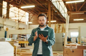 Profissional utilizando um tablet em uma marcenaria, com máquinas e materiais de produção ao fundo.