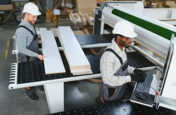 Operadores trabalhando com máquinas automatizadas em uma indústria moveleira.