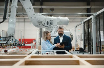 Dois profissionais analisam um tablet em uma fábrica automatizada com braços robóticos.