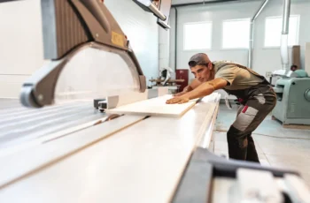 Marceneiro em uma oficina operando uma máquina de corte, alinhando cuidadosamente uma chapa de madeira sobre a mesa para realizar o acabamento. O ambiente industrial ao fundo conta com outras máquinas e iluminação natural entrando pelas janelas.