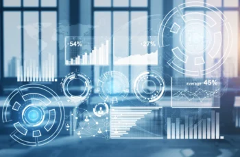 Painel digital de Business Intelligence com gráficos, indicadores e dados de desempenho sobrepostos a um ambiente corporativo.