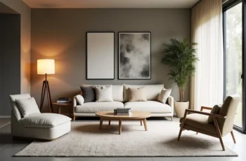 Sala de estar vista de forma horizontal, com iluminação natural entrando pelas janelas