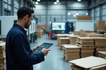 Profissional na indústria moveleira utilizando um tablet para acompanhar indicadores de desempenho e dados de produção em tempo real, com máquinas e pilhas de painéis de madeira ao fundo em ambiente fabril organizado.