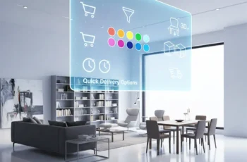 Sala de estar e jantar moderna e minimalista, com móveis contemporâneos, sobreposta por uma interface digital translúcida de e-commerce mostrando opções de cores, ícones de carrinho, visualização 3D e entrega rápida, representando a integração entre design de interiores e tecnologia no setor moveleiro.