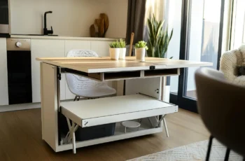 Mesa multifuncional com design moderno e compacto, ideal para pequenos espaços, com compartimentos ocultos e superfície expansível que combina praticidade e estilo em ambientes contemporâneos.