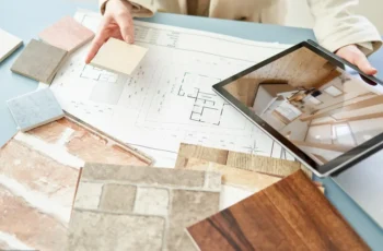 Pessoa analisando uma planta baixa sobre a mesa, com amostras de revestimentos e madeira espalhadas ao redor. Ao lado, um tablet exibe a visualização em 3D de um ambiente interno, indicando o uso de tecnologia para planejamento e design de interiores.