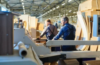 Dois profissionais trabalhando em máquinas industriais em uma marcenaria com chapas de madeira ao fundo.