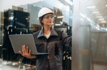 Profissional em ambiente industrial usando notebook para acompanhar ou inspecionar processos de produção com apoio da tecnologia.