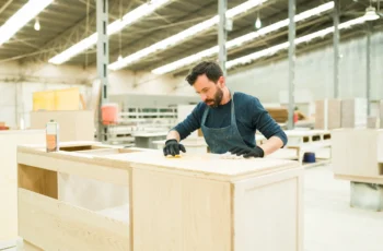 Profissional trabalhando na produção de móveis em uma marcenaria, representando processos integrados e redução de retrabalho